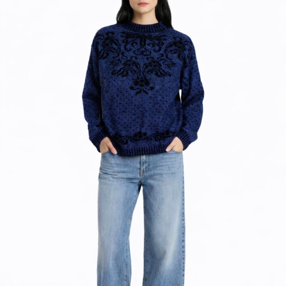 Adele Knitwear 1980s Vintage Sweater Blue Damask Sparkly Knit Sweater Medium